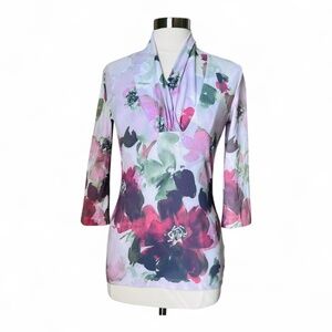 St.John Floral Satin Drape‎ Neckline Blouse Shirt Size Small